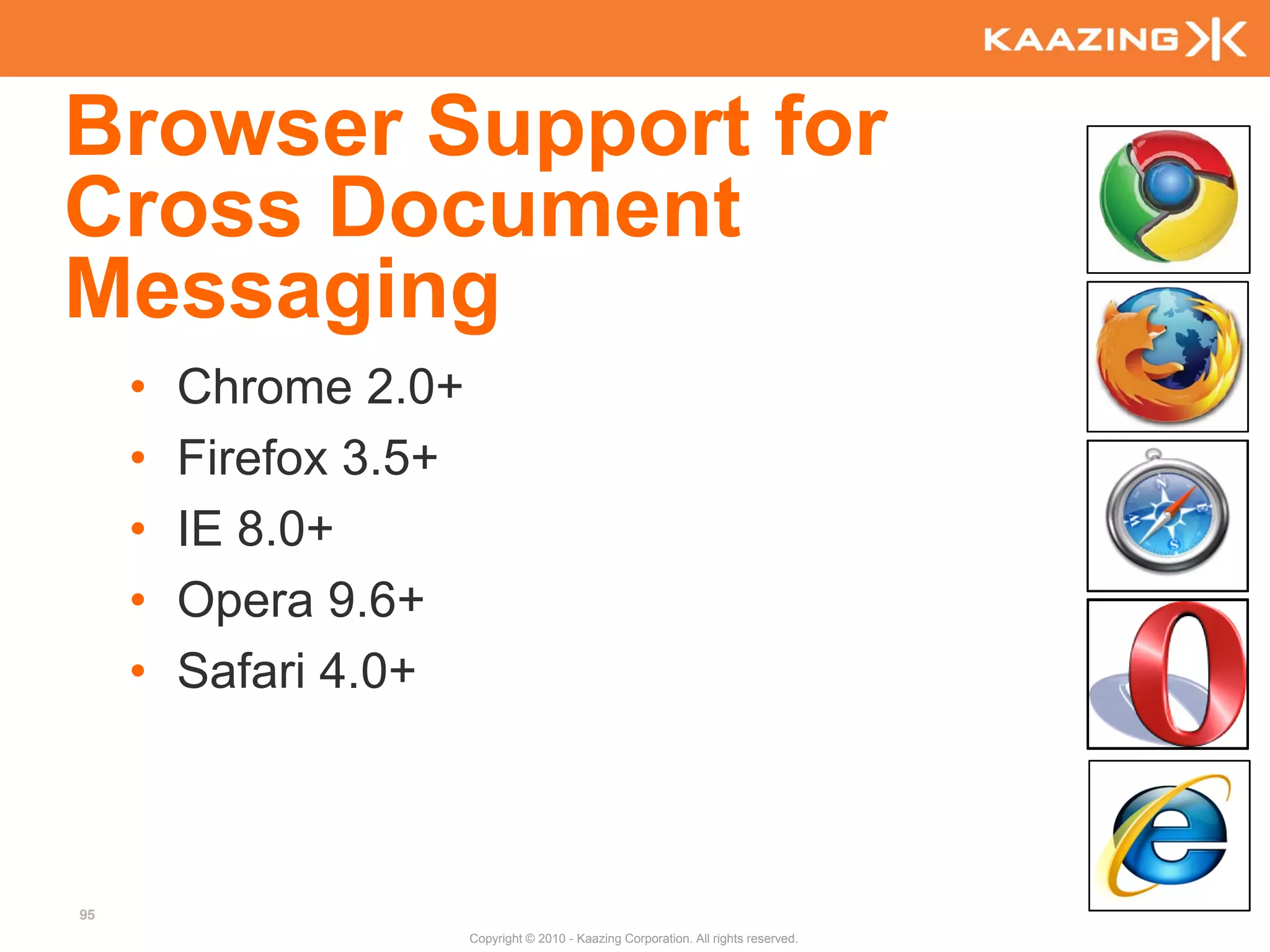 Browser Support for
Cross Document
Messaging
     •   Chrome 2.0+
     •   Firefox 3.5+
     •   IE 8.0+
     •   Opera 9.6+
     •   Safari 4.0+



95
                        Copyright © 2010 - Kaazing Corporation. All rights reserved.
 