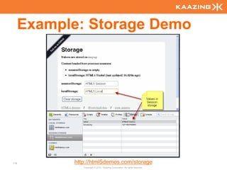 Example: Storage Demo




118         http://html5demos.com/storage
               Copyright © 2010 - Kaazing Corporation. All rights reserved.
 