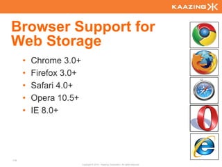 Browser Support for
Web Storage
      •   Chrome 3.0+
      •   Firefox 3.0+
      •   Safari 4.0+
      •   Opera 10.5+
      •   IE 8.0+




119
                         Copyright © 2010 - Kaazing Corporation. All rights reserved.
 