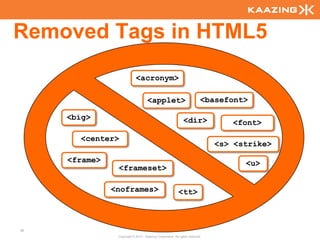 Removed Tags in HTML5
                            <acronym>

                                     <applet>                              <basefont>

     <big>                                                     <dir>              <font>

       <center>
                                                                               <s> <strike>

     <frame>                                                                         <u>
                <frameset>

               <noframes>                                  <tt>



30
                Copyright © 2010 - Kaazing Corporation. All rights reserved.
 