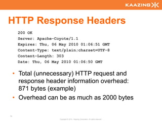HTTP Response Headers
      200 OK
      Server: Apache-Coyote/1.1
      Expires: Thu, 06 May 2010 01:06:51 GMT
      Content-Type: text/plain;charset=UTF-8
      Content-Length: 303
      Date: Thu, 06 May 2010 01:06:50 GMT


     • Total (unnecessary) HTTP request and
       response header information overhead:
       871 bytes (example)
     • Overhead can be as much as 2000 bytes

74
                       Copyright © 2010 - Kaazing Corporation. All rights reserved.
 