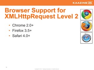 Browser Support for
XMLHttpRequest Level 2
     • Chrome 2.0+
     • Firefox 3.5+
     • Safari 4.0+




98
                      Copyright © 2010 - Kaazing Corporation. All rights reserved.
 
