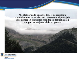Al enfatizar cada una de ellas, el pensamiento sistémico nos recuerda constantemente el principio de sinergia en el cual los resultados del trabajo en equipo son mejores al de las partes. 