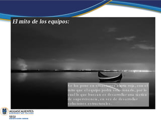El mito de los equipos:  Se los pone en situaciones alerta roja, con el mito que el equipo podrá solucionarlo, por lo cual lo que buscan es desarrollar una táctica de supervivencia, en vez de desarrollar soluciones estructurales. 