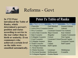 Reforms - Govt In 1722 Peter introduced the Table of Ranks, which determined a person's position and status according to service to the tsar rather than to birth or seniority. Even commoners who achieved a certain level on the table were ennobled automatically. 
