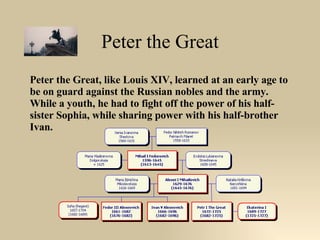 Peter the Great Peter the Great, like Louis XIV, learned at an early age to be on guard against the Russian nobles and the army. While a youth, he had to fight off the power of his half-sister Sophia, while sharing power with his half-brother Ivan.  