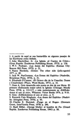 1. A partir de aqui se usa bastardilla en algunos pasajes de
las Escrituras como énfasis.
2. John MacArthur, Jr. «La Iglesia -el Cuerpo de Cristo-»
(Gran Rapids: Zondervan Publishing House, 1973), p. 136.
3. W.T. Purkiser, «Los dones del Espiritu» (Kansas City:
Beacon Hill Press, 1975), p. 21.
4. Nancy Hardesty, «Dones» The other side Gulio-agosto)
1977, p. 40.
5. Jack W. NacGorman, «Los Dones del Espiritu» (Nashville,
Broadman Press, 1974), p. 31.
6. Elizabeth O'Connor, «El Octavo dia de la Creación: Dones
y Creatividad» (Waco, Word Books, 1971), p. 15.
7. Gene A. Getz desarrolla este punto en dos de sus libros. El
primero «Enfocando mejor sobre la Iglesia» (Chicago: Moody
Press, 1974), p. 112-117; Y más recientemente en «Edificán-
donos el uno al otro», Wheaton: Victor Books 1976, p. 9-16.
8. Getz: «Edificándonos el uno al otro», p. 9.
9. Kenneth Cain Kinghom, «Los dones del Espiritu» (Nashvi-
He: Abingdon Press, 1976), p. 95.
10. Charles E. Hummel, «Fuego en el Hogar» (Downers
Grove, InterVarsity Press, 1978) p. 246.
11. Basil Miller, «George Muller: el hombre de Fe» (Grand
Rapids. Zondervan Publishing House, 1941) p. 58.
53
 