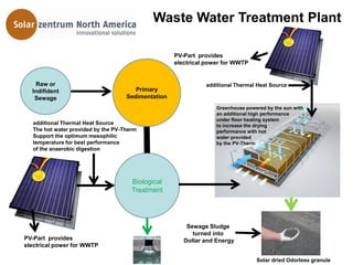 Waste Water Treatment Plant

                                                    PV-Part provides
                                                    electrical power for WWTP


    Raw or                                                    additional Thermal Heat Source
  Indifident                           Primary
   Sewage                           Sedimentation
                                                                  Greenhouse powered by the sun with
                                                                  an additional high performance
                                                                  under floor heating system
  additional Thermal Heat Source                                  to increase the drying
  The hot water provided by the PV-Therm                          performance with hot
  Support the optimum mesophilic                                  water provided
  temperature for best performance                                by the PV-Therm
  of the anaerobic digestion




                                      Biological
                                      Treatment




                                                        Sewage Sludge
                                                          turned into
PV-Part provides                                       Dollar and Energy
electrical power for WWTP

                                                                                 Solar dried Odorless granule
 