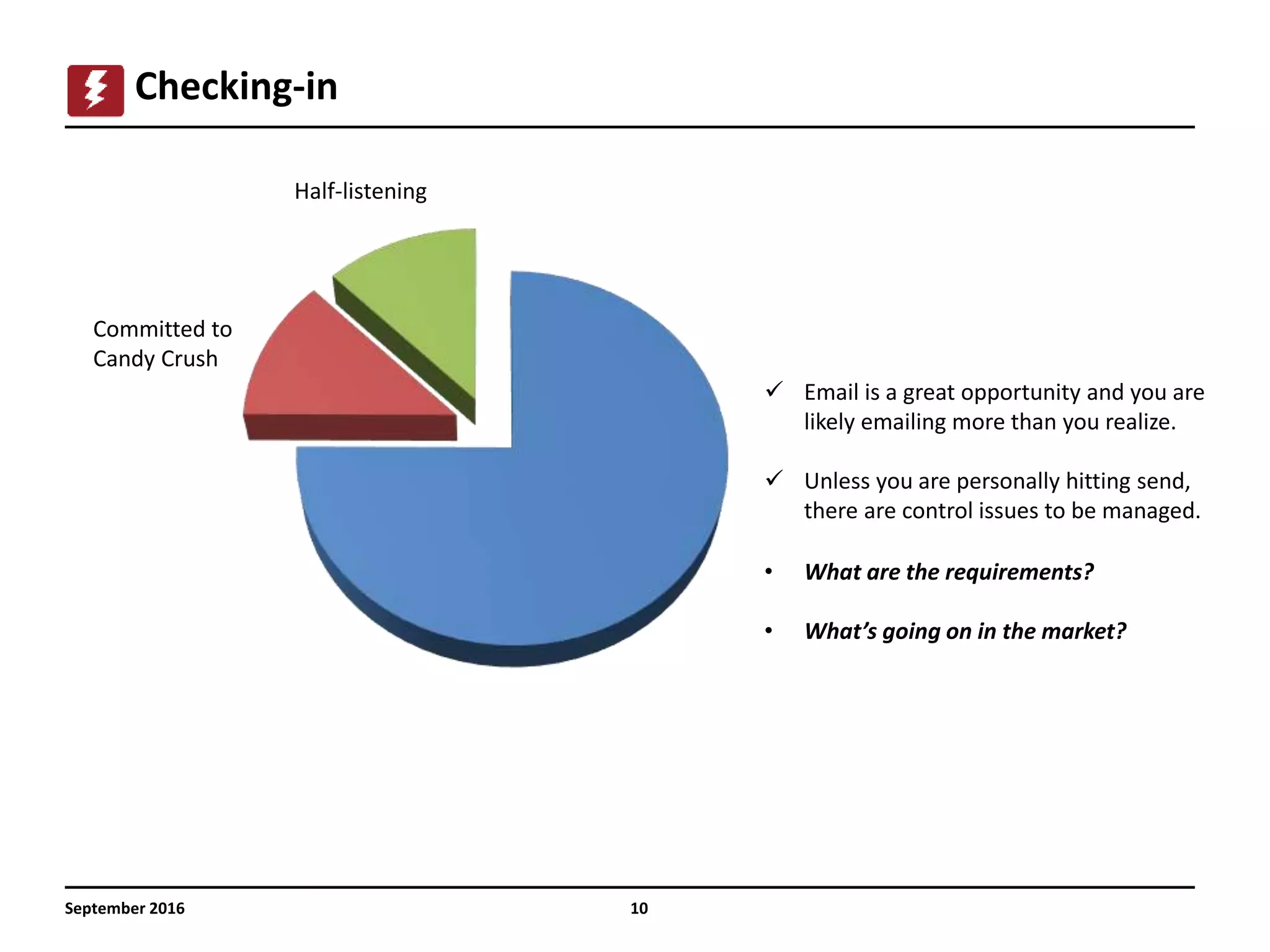 10
Checking-in
September 2016
 Email is a great opportunity and you are
likely emailing more than you realize.
 Unless you are personally hitting send,
there are control issues to be managed.
Half-listening
Committed to
Candy Crush
• What are the requirements?
• What’s going on in the market?
 