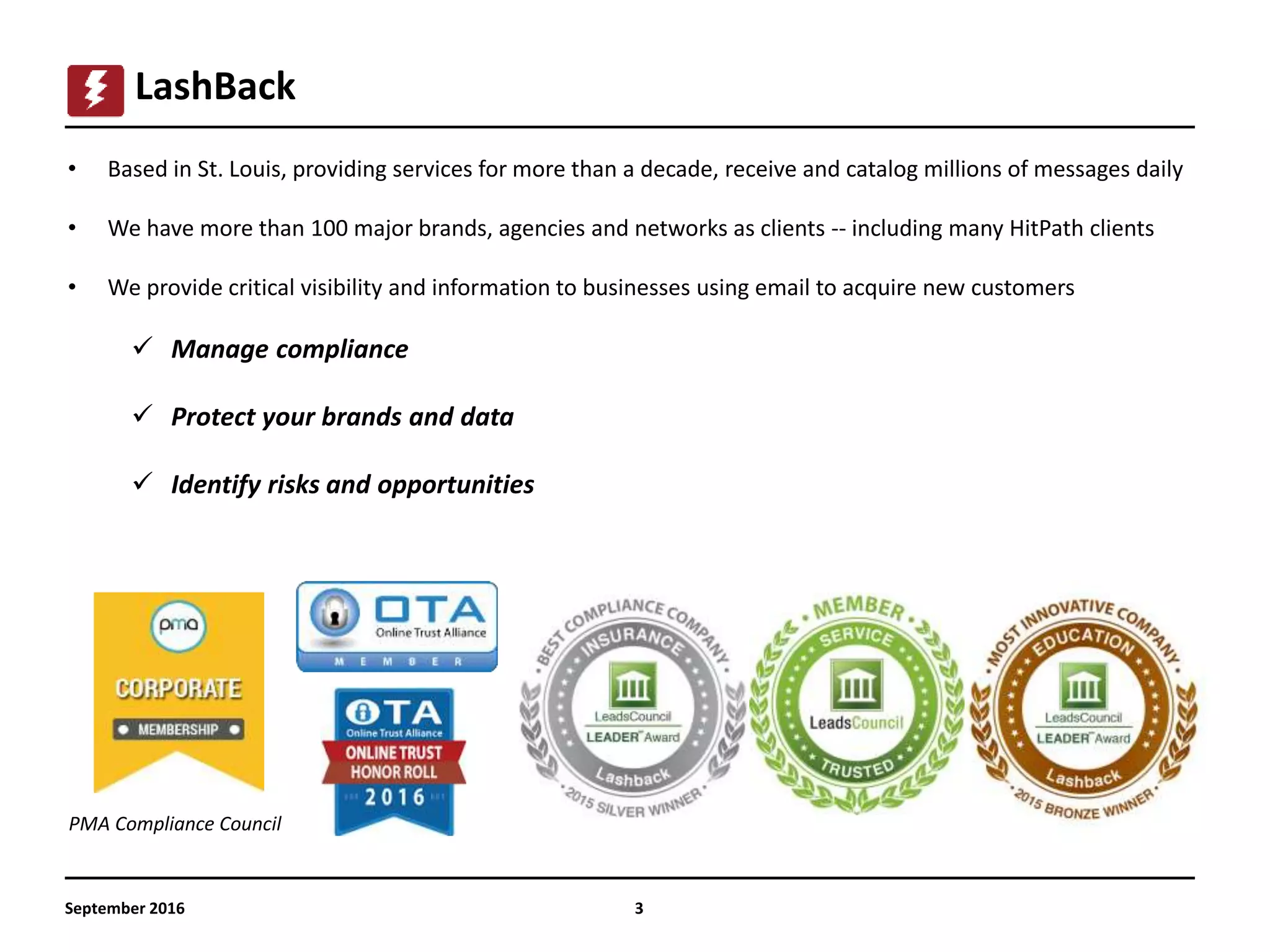 September 2016 3
LashBack
• Based in St. Louis, providing services for more than a decade, receive and catalog millions of messages daily
• We have more than 100 major brands, agencies and networks as clients -- including many HitPath clients
• We provide critical visibility and information to businesses using email to acquire new customers
 Manage compliance
 Protect your brands and data
 Identify risks and opportunities
PMA Compliance Council
 