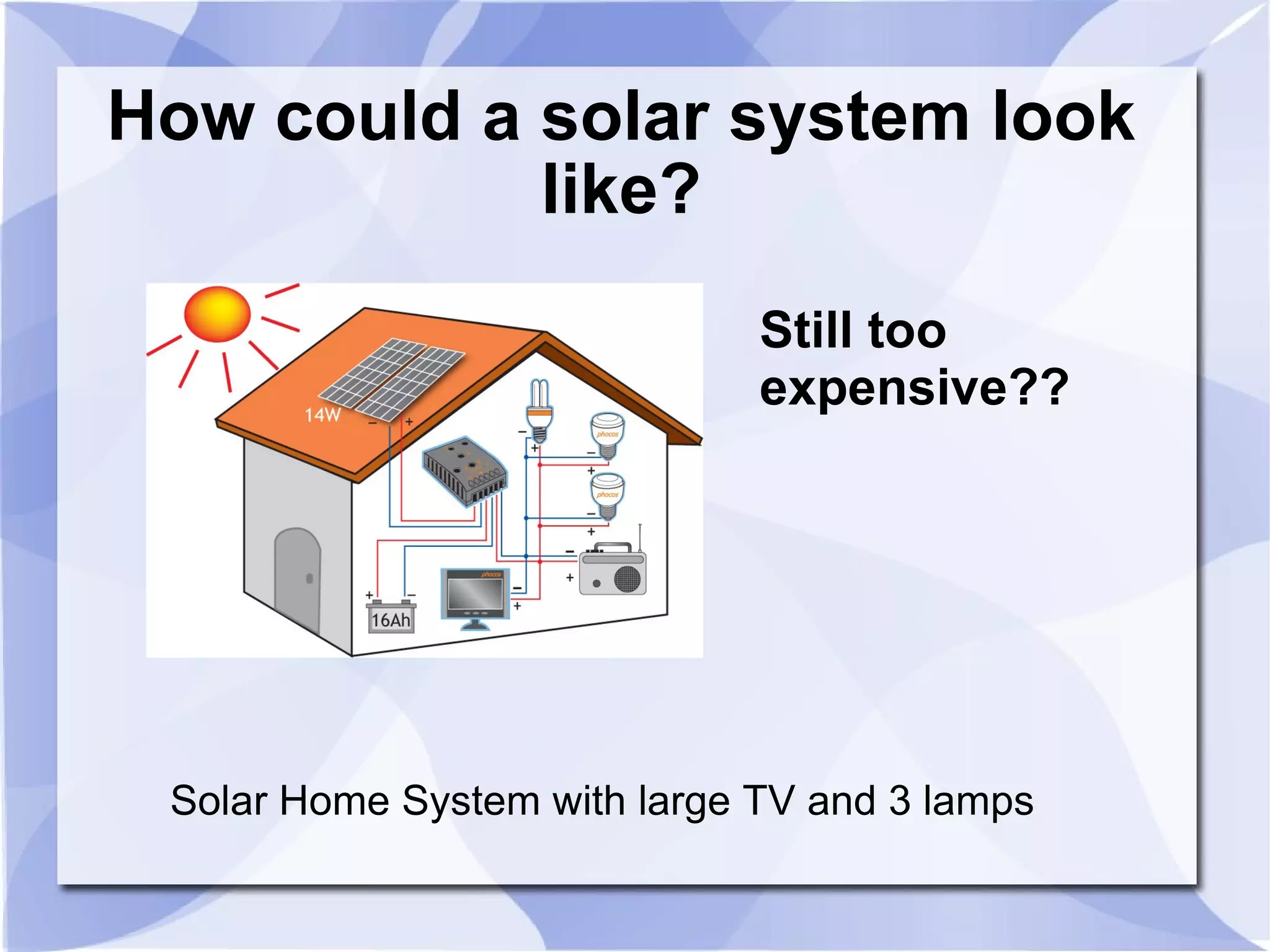 How could a solar system look like? Still too expensive?? Solar Home System with large TV and 3 lamps 