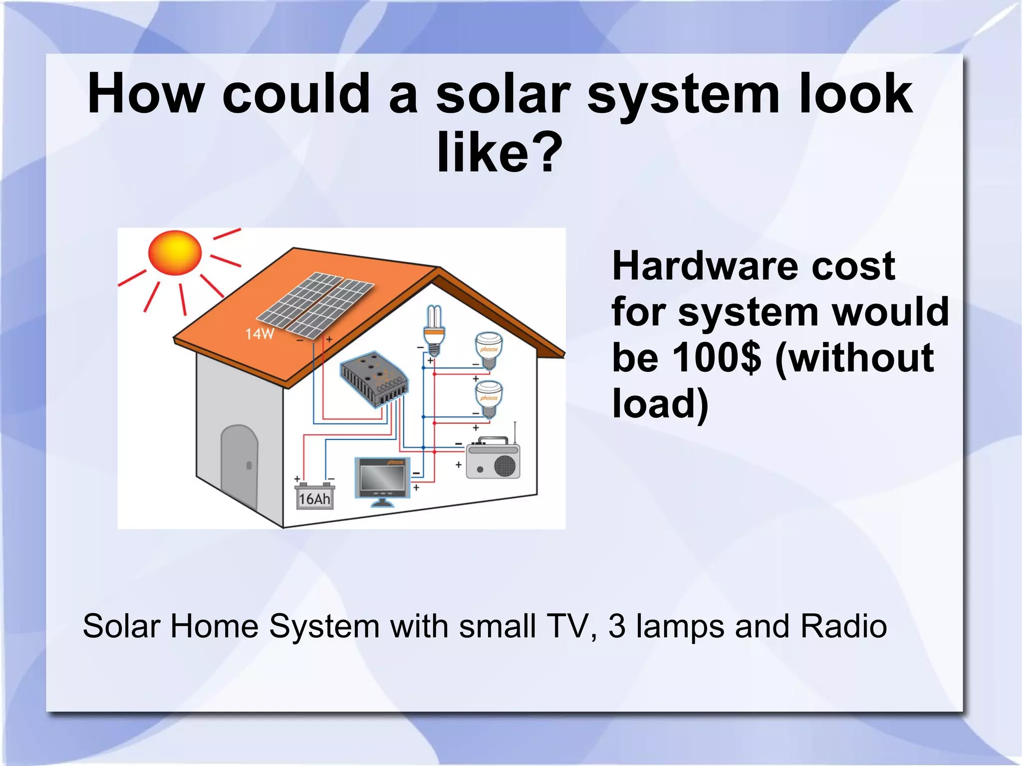 How could a solar system look like? Hardware cost  for system would be 100$ (without load) Solar Home System with small TV, 3 lamps and Radio 