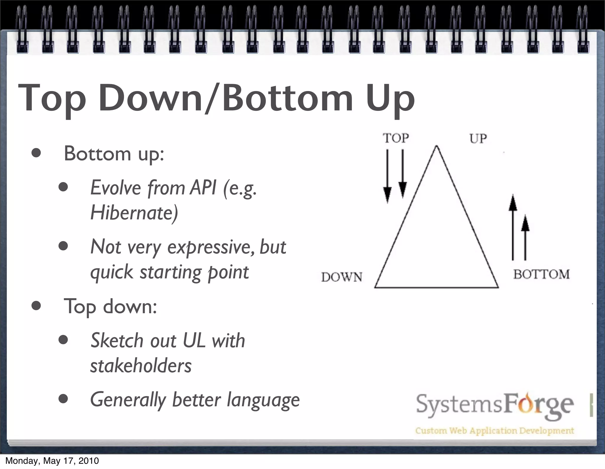 Top Down/Bottom Up
   • Bottom up:
     • Evolve from API (e.g.
                  Hibernate)
          •       Not very expressive, but
                  quick starting point
     •      Top down:
          •       Sketch out UL with
                  stakeholders
          •       Generally better language

Monday, May 17, 2010
 