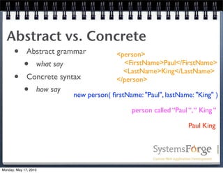 Abstract vs. Concrete
   • Abstract grammar       <person>
     • what say                <FirstName>Paul</FirstName>
                               <LastName>King</LastName>
   • Concrete syntax        </person>
     • how say new person( ﬁrstName: "Paul", lastName: "King" )
                                      person called “Paul “, “ King “

                                                          Paul King




Monday, May 17, 2010
 