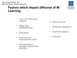 Factors which impact diffusion of M-Learning Lack of IT Services support Skills Gap Staff/Students Disruption Finance and Procurement rules Transmission v Socially constructed learning Ethical issues Software Integration Work-life balance Inclusion 