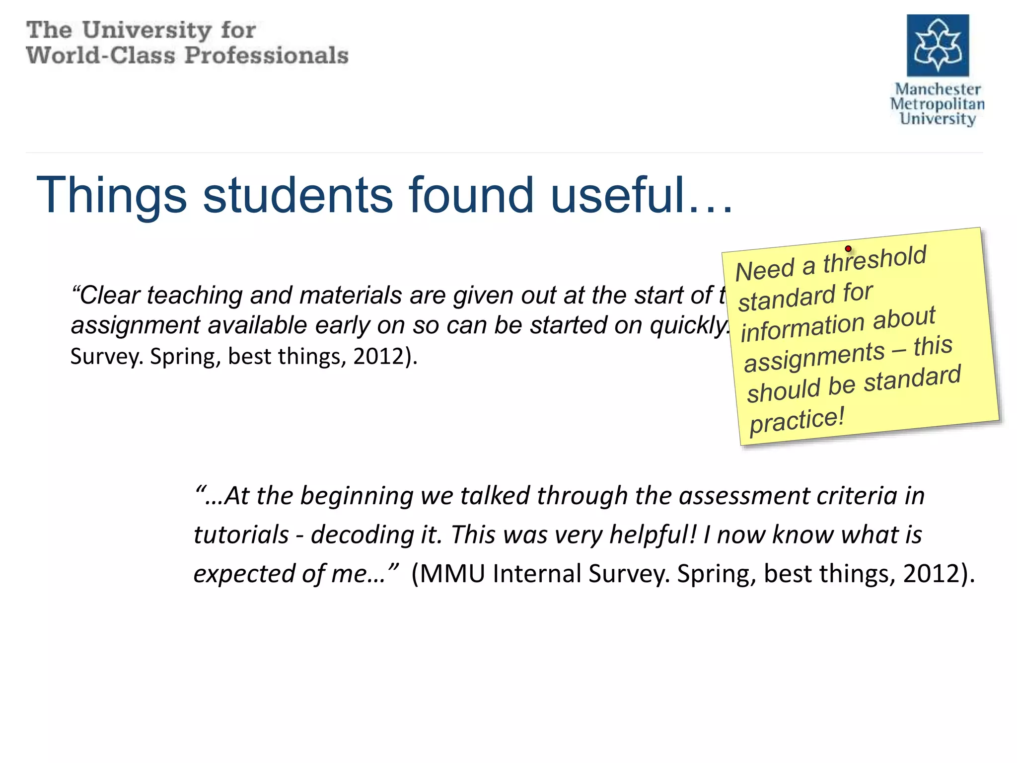 Things students found useful…
“…At the beginning we talked through the assessment criteria in
tutorials - decoding it. This was very helpful! I now know what is
expected of me…” (MMU Internal Survey. Spring, best things, 2012).
“Clear teaching and materials are given out at the start of the unit and
assignment available early on so can be started on quickly.” (MMU Internal
Survey. Spring, best things, 2012).
 