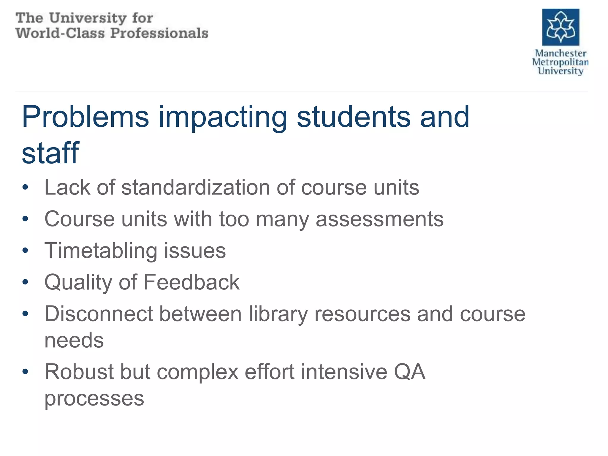 Problems impacting students and
staff
• Lack of standardization of course units
• Course units with too many assessments
• Timetabling issues
• Quality of Feedback
• Disconnect between library resources and course
needs
• Robust but complex effort intensive QA
processes
 