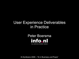 User Experience Deliverables in Practice Peter Boersma info . nl FULL SERVICE INTERNET AGENCY  IA Konferenz 2009 – “IA in Business und Praxis” 
