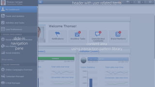 slide-in 
navigation
pane
header with user-related items
content area 
using interaction pattern library
 