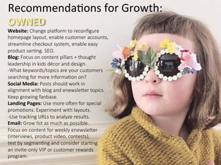Recommenda4ons	
  for	
  Growth:	
  
OWNED	
  
Website:  Change  plalorm  to  reconﬁgure  
homepage  layout,  enable  customer  accounts,  
streamline  checkout  system,  enable  easy  
product  sorBng.  SEO.
Blog:  Focus  on  content  pillars  +  thought  
leadership  in  kids  décor  and  design.    
-­‐What  keywords/topics  are  your  customers  
searching  for  more  informaBon  on?  
Social	
  Media:	
  Posts  should  work  in    
alignment  with  blog  and  enewsleber  topics.  
Keep  growing  fanbase.  
Landing	
  Pages:	
  Use  more  onen  for  special  
promoBons.  Experiment  with  layouts.  
-­‐Use  tracking  URLs  to  analyze  results.  
Email:  Grow  list  as  much  as  possible.    
Focus  on  content  for  weekly  enewsleber  
(interviews,  product  video,  contests),    
test  by  segmenBng  and  consider  starBng  
an  invite-­‐only  VIP  or  customer  rewards  
program.  
 