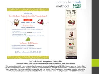 The	
  “Little	
  Books”	
  Sweepstakes	
  Partnership:	
  	
  
Chronicle	
  Books	
  joins	
  forces	
  with	
  Pottery	
  Barn	
  Kids,	
  Method,	
  and	
  General	
  Mills	
  
This	
  partnership,	
  which	
  I	
  conceptualized	
  and	
  executed,	
  gave	
  one	
  lucky	
  winner	
  a	
  $2,500	
  shopping	
  spree	
  at	
  PoPery	
  Barn	
  
Kids,	
  the	
  en4re	
  line	
  of	
  Method	
  cleaning	
  products,	
  autographed	
  books,	
  and	
  gig	
  cer4ﬁcates	
  for	
  a	
  life4me’s	
  supply	
  of	
  Green	
  
Giant	
  vegetables.	
  This	
  generated	
  $21K	
  in	
  revenue,	
  and	
  PBK	
  hosted	
  events	
  at	
  all	
  stores	
  na4onwide,	
  handing	
  out	
  special	
  
bookmarks	
  promo4ng	
  the	
  sweepstakes	
  to	
  aPendees.	
  The	
  dedicated	
  email	
  on	
  leg	
  generated	
  over	
  10,000	
  new	
  leads.	
  
 