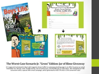 The	
  Worst-­‐Case	
  Scenario	
  Jr.	
  “Gross”	
  Edition:	
  Jar	
  of	
  Slime	
  Giveaway	
  
A	
  ½	
  page	
  print	
  ad	
  placed	
  in	
  Boy’s	
  Life	
  magazine	
  drove	
  traﬃc	
  to	
  a	
  giveaway	
  landing	
  page	
  in	
  an	
  eﬀort	
  to	
  grow	
  our	
  email	
  
newslePer	
  list.	
  Results:	
  Over	
  70,000	
  entries,	
  lots	
  of	
  online	
  buzz,	
  and	
  40,000	
  opt-­‐in	
  subscribers.	
  We	
  retargeted	
  all	
  70K	
  
consumers	
  with	
  a	
  special	
  oﬀer	
  email	
  campaign,	
  which	
  generated	
  an	
  8%	
  CTR	
  and	
  a	
  3.3%	
  conversion	
  rate!	
  
ì	
   ê	
  
 