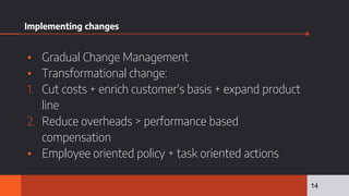Implementing changes
▪ Gradual Change Management
▪ Transformational change:
1. Cut costs + enrich customer's basis + expand product
line
2. Reduce overheads > performance based
compensation
▪ Employee oriented policy + task oriented actions
14
 