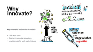 Why
innovate?
Key drivers for innovation in Sweden
 High labor costs
 Strict environmental regulations
 Low tolerance for work related injuries
 
