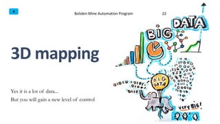3D mapping
Yes it is a lot of data...
But you will gain a new level of control
Boliden Mine Automation Program 22
4
 
