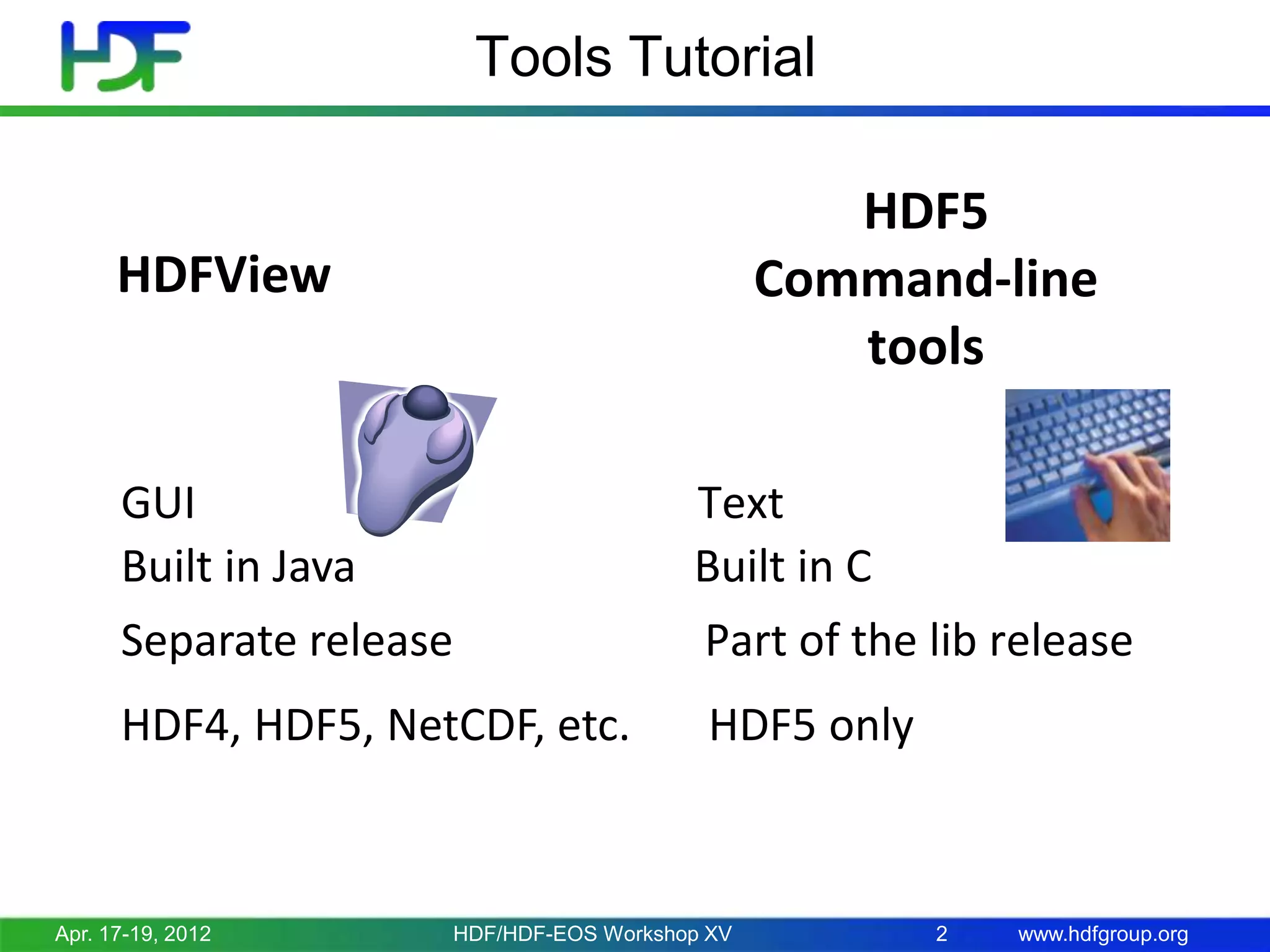 Tools Tutorial
HDF5
Command-line
tools

HDFView

GUI
Built in Java

Text
Built in C

Separate release

Part of the lib release

HDF4, HDF5, NetCDF, etc.

HDF5 only

Apr. 17-19, 2012

HDF/HDF-EOS Workshop XV

2

www.hdfgroup.org

 