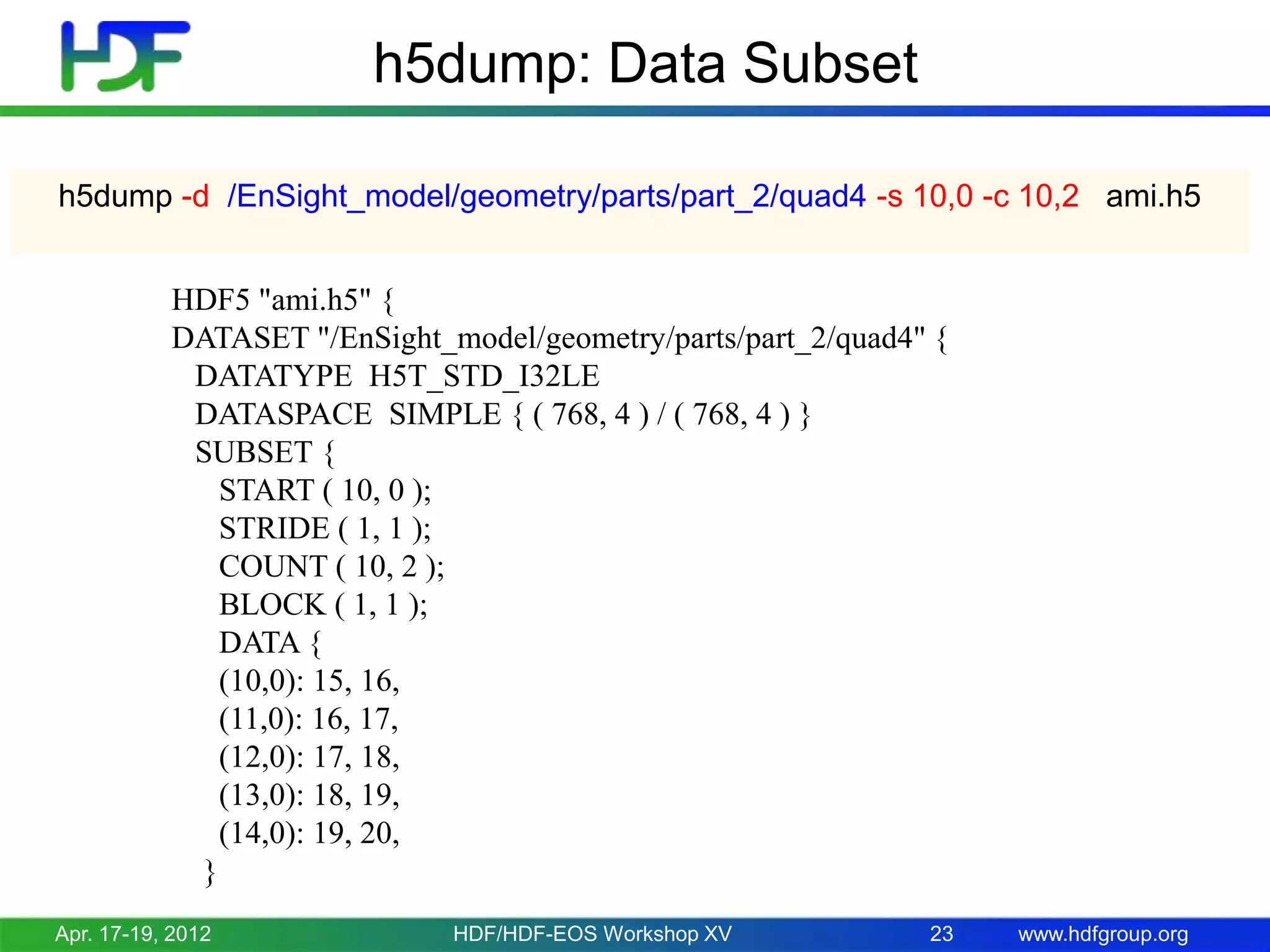 h5dump: Data Subset
h5dump -d /EnSight_model/geometry/parts/part_2/quad4 -s 10,0 -c 10,2 ami.h5
HDF5 "ami.h5" {
DATASET "/EnSight_model/geometry/parts/part_2/quad4" {
DATATYPE H5T_STD_I32LE
DATASPACE SIMPLE { ( 768, 4 ) / ( 768, 4 ) }
SUBSET {
START ( 10, 0 );
STRIDE ( 1, 1 );
COUNT ( 10, 2 );
BLOCK ( 1, 1 );
DATA {
(10,0): 15, 16,
(11,0): 16, 17,
(12,0): 17, 18,
(13,0): 18, 19,
(14,0): 19, 20,
}
Apr. 17-19, 2012

HDF/HDF-EOS Workshop XV

23

www.hdfgroup.org

 