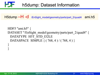h5dump: Dataset Information
H5dump –H

-d

/EnSight_model/geometry/parts/part_2/quad4

ami.h5

HDF5 "ami.h5" {
DATASET "/EnSight_model/geometry/parts/part_2/quad4" {
DATATYPE H5T_STD_I32LE
DATASPACE SIMPLE { ( 768, 4 ) / ( 768, 4 ) }
}
}

Apr. 17-19, 2012

HDF/HDF-EOS Workshop XV

21

www.hdfgroup.org

 