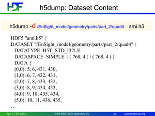 h5dump: Dataset Content
h5dump -d /EnSight_model/geometry/parts/part_2/quad4 ami.h5
HDF5 "ami.h5" {
DATASET "/EnSight_model/geometry/parts/part_2/quad4" {
DATATYPE H5T_STD_I32LE
DATASPACE SIMPLE { ( 768, 4 ) / ( 768, 4 ) }
DATA {
(0,0): 5, 6, 431, 430,
(1,0): 6, 7, 432, 431,
(2,0): 7, 8, 433, 432,
(3,0): 8, 9, 434, 433,
(4,0): 9, 10, 435, 434,
(5,0): 10, 11, 436, 435,
…
Apr. 17-19, 2012

HDF/HDF-EOS Workshop XV

22

www.hdfgroup.org

 