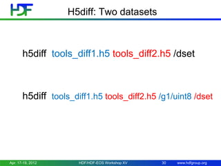 H5diff: Two datasets

h5diff tools_diff1.h5 tools_diff2.h5 /dset

h5diff tools_diff1.h5 tools_diff2.h5 /g1/uint8 /dset

Apr. 17-19, 2012

HDF/HDF-EOS Workshop XV

30

www.hdfgroup.org

 