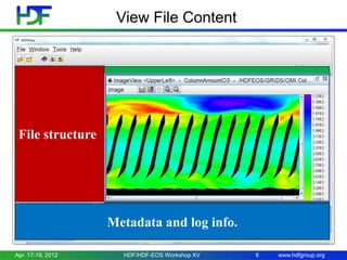 View File Content

File structure

File Content

Metadata and log info.
Apr. 17-19, 2012

HDF/HDF-EOS Workshop XV

6

www.hdfgroup.org

 