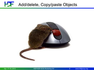 Add/delete, Copy/paste Objects

Apr. 17-19, 2012

HDF/HDF-EOS Workshop XV

8

www.hdfgroup.org

 