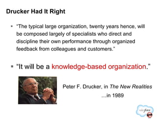 Drucker Had It Right
“The typical large organization, twenty years hence, will
be composed largely of specialists who direct and
discipline their own performance through organized
feedback from colleagues and customers.”
“It will be a knowledge-based organization.”
Peter F. Drucker, in The New Realities
…in 1989
 