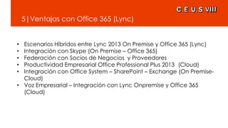 5|Ventajas con Office 365 (Lync)
• Escenarios Híbridos entre Lync 2013 On Premise y Office 365 (Lync)
• Integración con Skype (On Premise – Office 365)
• Federación con Socios de Negocios y Proveedores
• Productividad Empresarial Office Professional Plus 2013 (Cloud)
• Integración con Office System – SharePoint – Exchange (On Premise-
Cloud)
• Voz Empresarial – Integración con Lync Onpremise y Office 365
(Cloud)
 