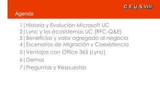 Agenda
1|Historia y Evolución Microsoft UC
2|Lync y los ecosistemas UC (RFC-Q&E)
3|Beneficios y valor agregado al negocio
4|Escenarios de Migración y Coexistencia
5|Ventajas con Office 365 (Lync)
6|Demos
7|Preguntas y Respuestas
 