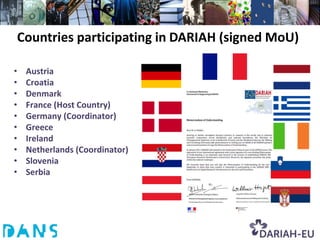Countries participating in DARIAH (signed MoU)

•   Austria
•   Croatia
•   Denmark
•   France (Host Country)
•   Germany (Coordinator)
•   Greece
•   Ireland
•   Netherlands (Coordinator)
•   Slovenia
•   Serbia
 