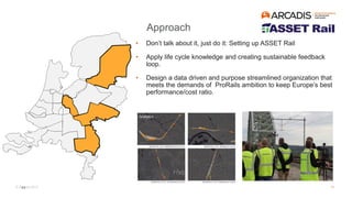 © Arcadis 2017
Approach
• Don’t talk about it, just do it: Setting up ASSET Rail
• Apply life cycle knowledge and creating sustainable feedback
loop.
• Design a data driven and purpose streamlined organization that
meets the demands of ProRails ambition to keep Europe’s best
performance/cost ratio.
11 11
 