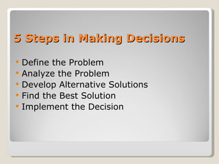 5 Steps in Making Decisions Define the Problem Analyze the Problem Develop Alternative Solutions Find the Best Solution Implement the Decision 