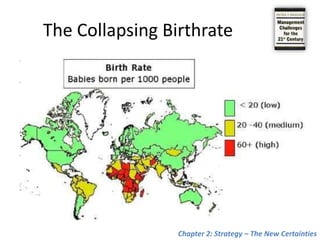 The Collapsing BirthrateThere is no precedent for it in all of historyis the collapsing birth rate in the developed world.In Western and Central Europe and in Japan, the birthrate has already fallen well below the rate needed to reproduce the population. In Italy 0.8Japan 1.3Western and Northern Europe  1.5In US below 2Japan and all of Southern EuropePortugal, Spain, Southern France, Italy, Greeceare drifting toward collective national suicide by the end of the 21st century. By then Italy’s population, for instance—now 60 down to 20 million; Japan’s population—now 125 down to 50 million.Chapter 2: Strategy – The New Certainties