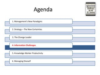 Creating ChangeTo be a successful change leader an enterprise has to have a policy of systematic innovation; Windows of Opportunity:The organization’s own unexpected successes and unexpected failures, but also the unexpected successes and unexpected failures of the organization’s competitors.Incongruities, especially incongruities in the process, whether of production or distribution, or incongruities in customer behavior.Process needs.Changes in industry and market structures.Changes in demographics.Changes in meaning and perception.New knowledge.Chapter 3: The Change Leader