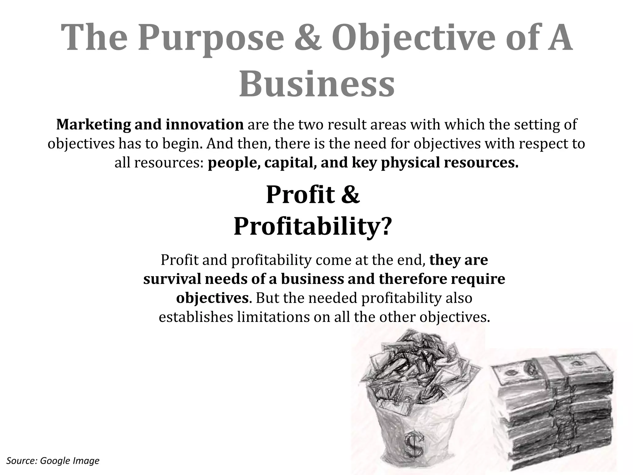 The Purpose & Objective of A
                    Business
         Marketing and innovation are the two result areas with which the setting of
        objectives has to begin. And then, there is the need for objectives with respect to
                  all resources: people, capital, and key physical resources.

                                      Profit &
                                    Profitability?
                         Profit and profitability come at the end, they are
                       survival needs of a business and therefore require
                            objectives. But the needed profitability also
                         establishes limitations on all the other objectives.




Source: Google Image
 