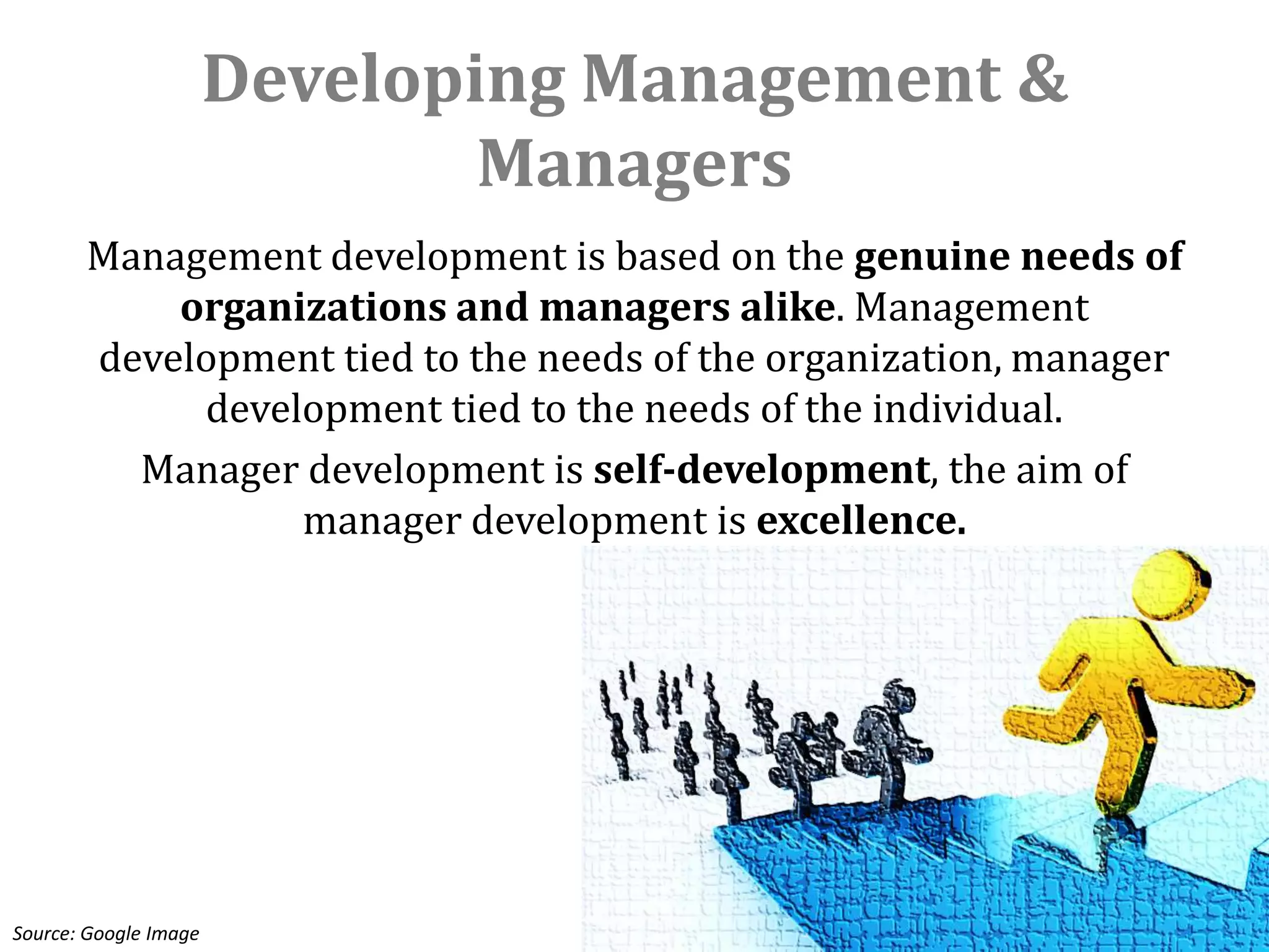 Developing Management &
                               Managers
       Management development is based on the genuine needs of
           organizations and managers alike. Management
       development tied to the needs of the organization, manager
            development tied to the needs of the individual.
         Manager development is self-development, the aim of
                 manager development is excellence.




Source: Google Image
 