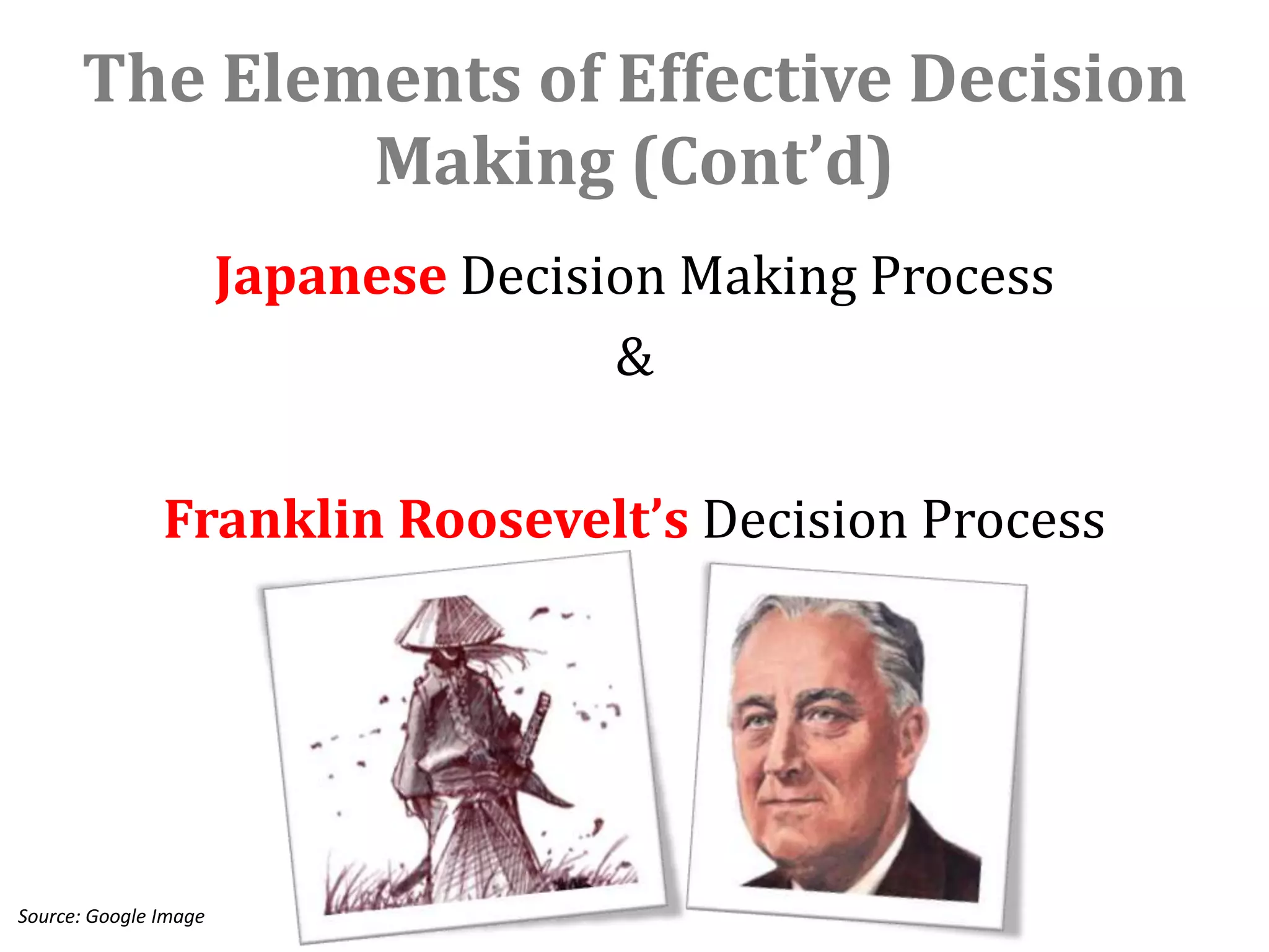 The Elements of Effective Decision
              Making (Cont’d)
                       Japanese Decision Making Process
                                      &

               Franklin Roosevelt’s Decision Process




Source: Google Image
 