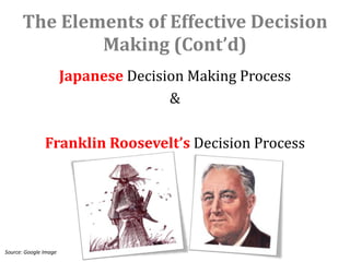 The Elements of Effective Decision
              Making (Cont’d)
                       Japanese Decision Making Process
                                      &

               Franklin Roosevelt’s Decision Process




Source: Google Image
 