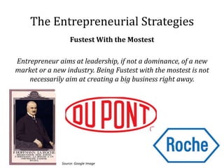 The Entrepreneurial Strategies
                   Fustest With the Mostest

Entrepreneur aims at leadership, if not a dominance, of a new
market or a new industry. Being Fustest with the mostest is not
    necessarily aim at creating a big business right away.




               Source: Google Image
 