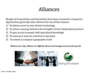Alliances
      Mergers & Acquisitions and divestitutes have been around for a long time.
      Oganizations generally enter alliances for one of five reasons:
      1) To obtain access to new, distinct technology
      2) To achieve synergy between the strenghts of two independent partners
      3) To gain access to people with specialized knowledge
      4) To outsource noncore activities to specialist
      5) To extend a company’s geographic reach

            Alliances are risky. Alliance are difficult. But are increasingly necessary for growth.




Source: Google Image
 